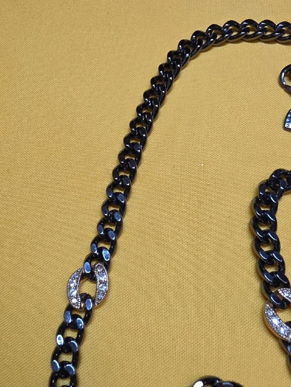 Chunky Black Curb Chain Necklace Gold Crystal Accents 33” Vintage Boutique Heavy